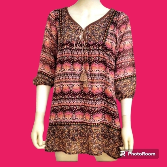 PATTERN Sheer Overlay Floral Split Neck Peasant Hippie Festival Blouse Small - Picture 1 of 7